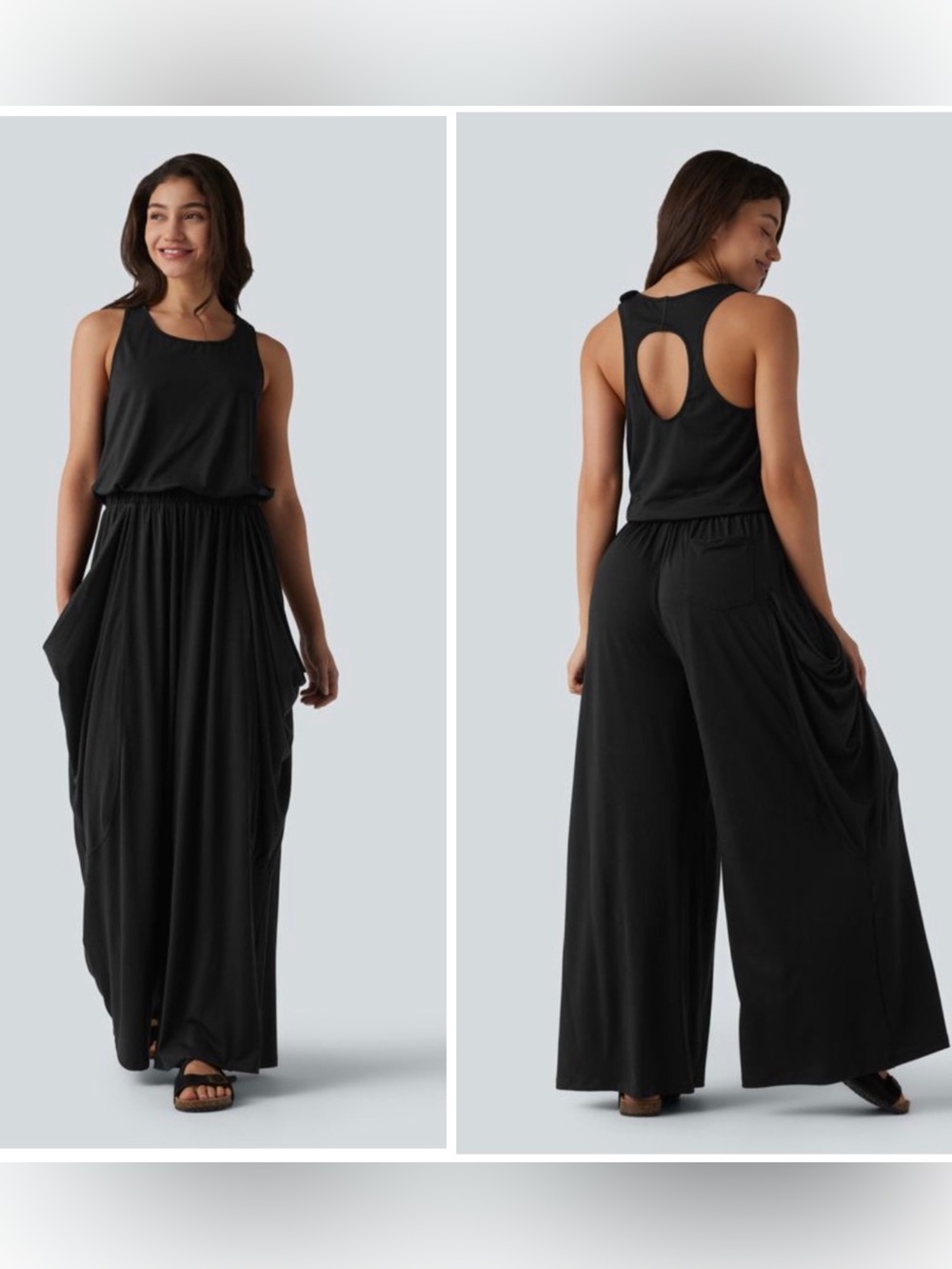 Halara Sleeveless Cut Out Wide Leg Casual Jumpsuit Pockets Easy Peezy Black S